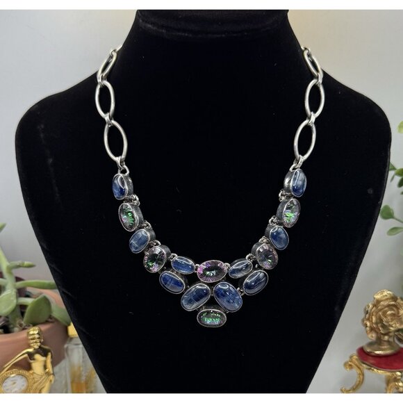 Sterling Silver Statement Labradorite Bib Necklace W/Blue Topaz By Silver Rush - Picture 3 of 10